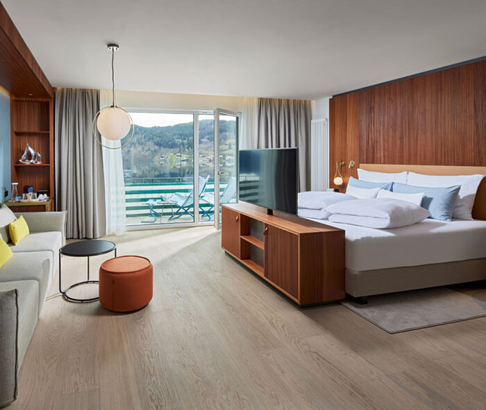 Suite Lachsforelle mit offenem Schlafbereich Sofa und TV