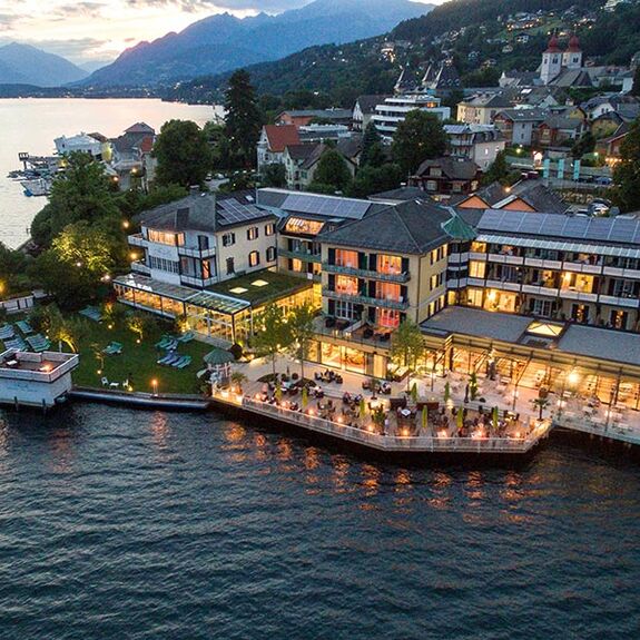 The illuminated Hotel Forelle from a bird's eye view