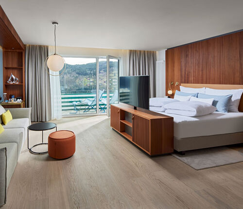 Suite Lachsforelle mit offenem Schlafbereich Sofa und TV