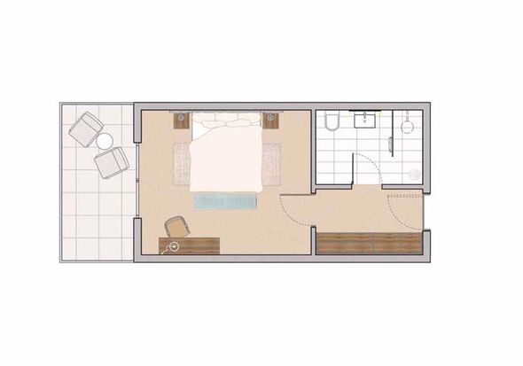 The room plan shows the bedroom with double bed, the bathroom, an anteroom and a balcony