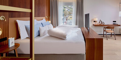 Bett mit TV, Kommode und Schreibtisch im Zimmer Königsforelle