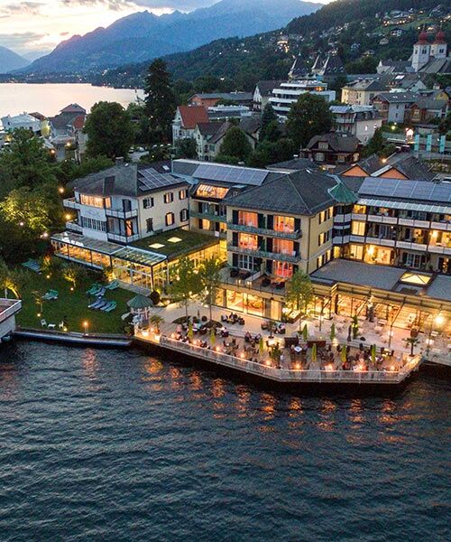 The illuminated Hotel Forelle from a bird's eye view