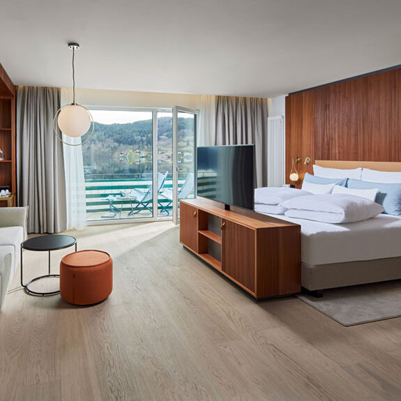 Suite Lachsforelle mit offenem Schlafbereich Sofa und TV