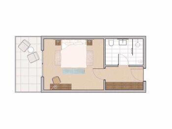 The room plan shows the bedroom with double bed, the bathroom, an anteroom and a balcony