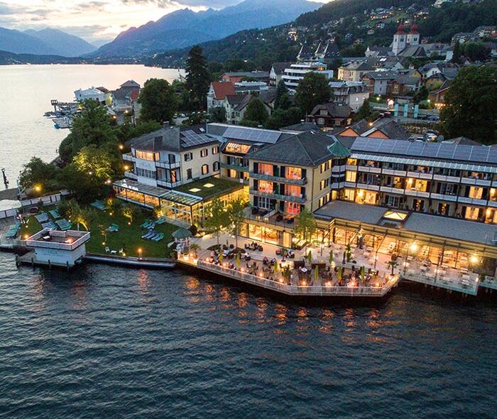 The illuminated Hotel Forelle from a bird's eye view