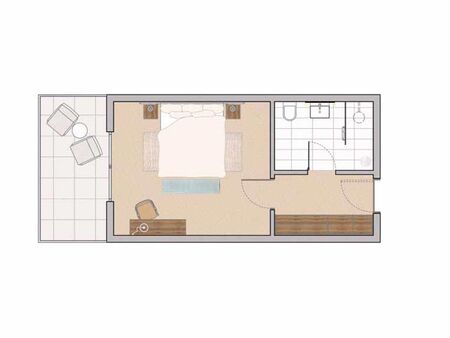 The room plan shows the bedroom with double bed, the bathroom, an anteroom and a balcony