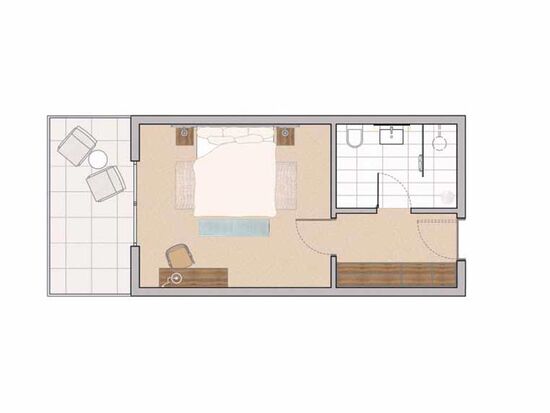 The room plan shows the bedroom with double bed, the bathroom, an anteroom and a balcony